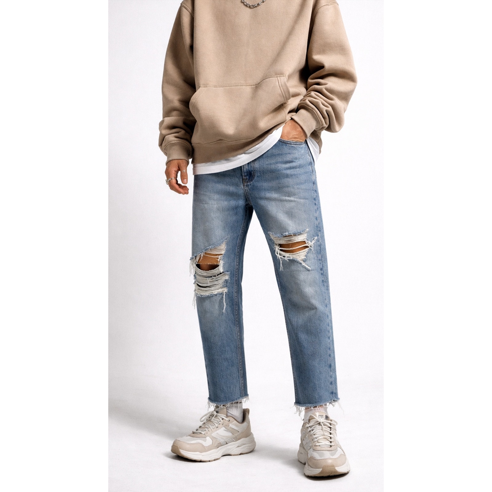 Drew House Cropped Distressed Jeans Raw Hem Corduroy Patch Blue Size 32
